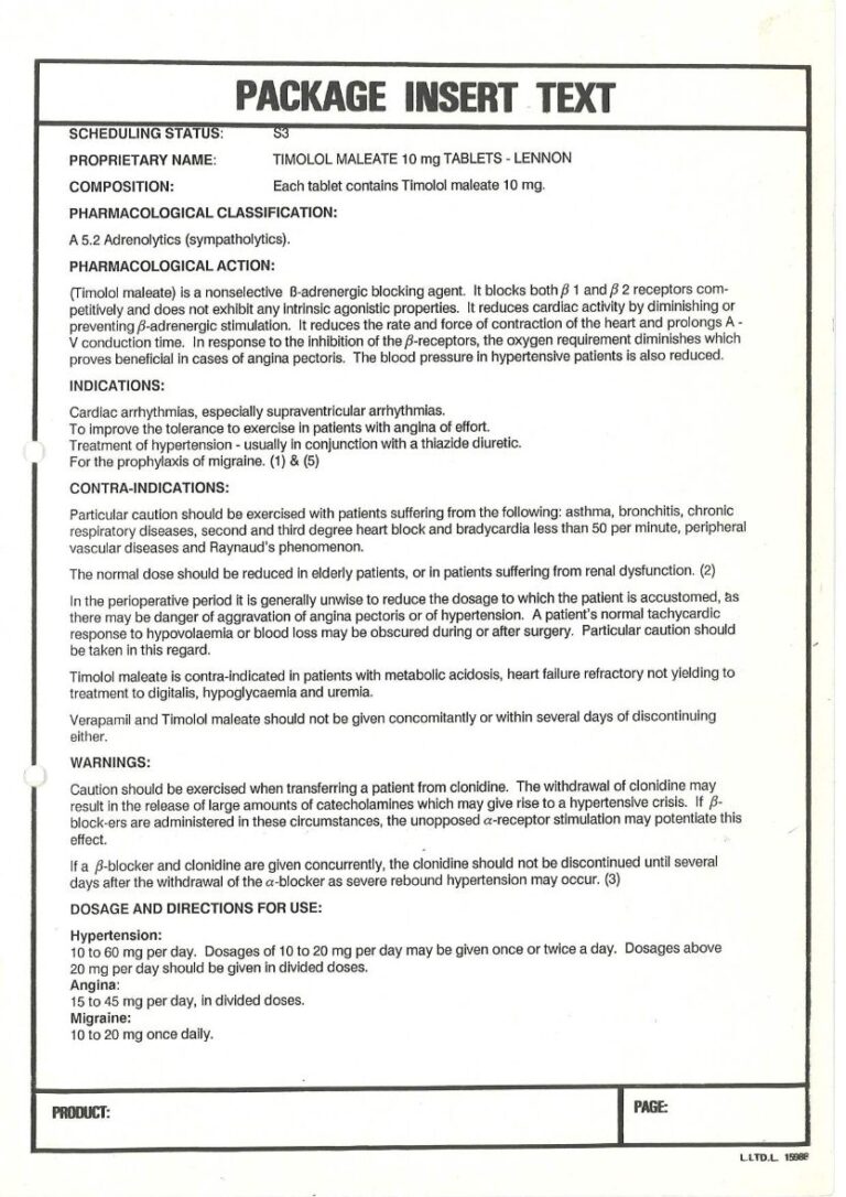 Timolol Maleate 10mg TABLETS package insert preview