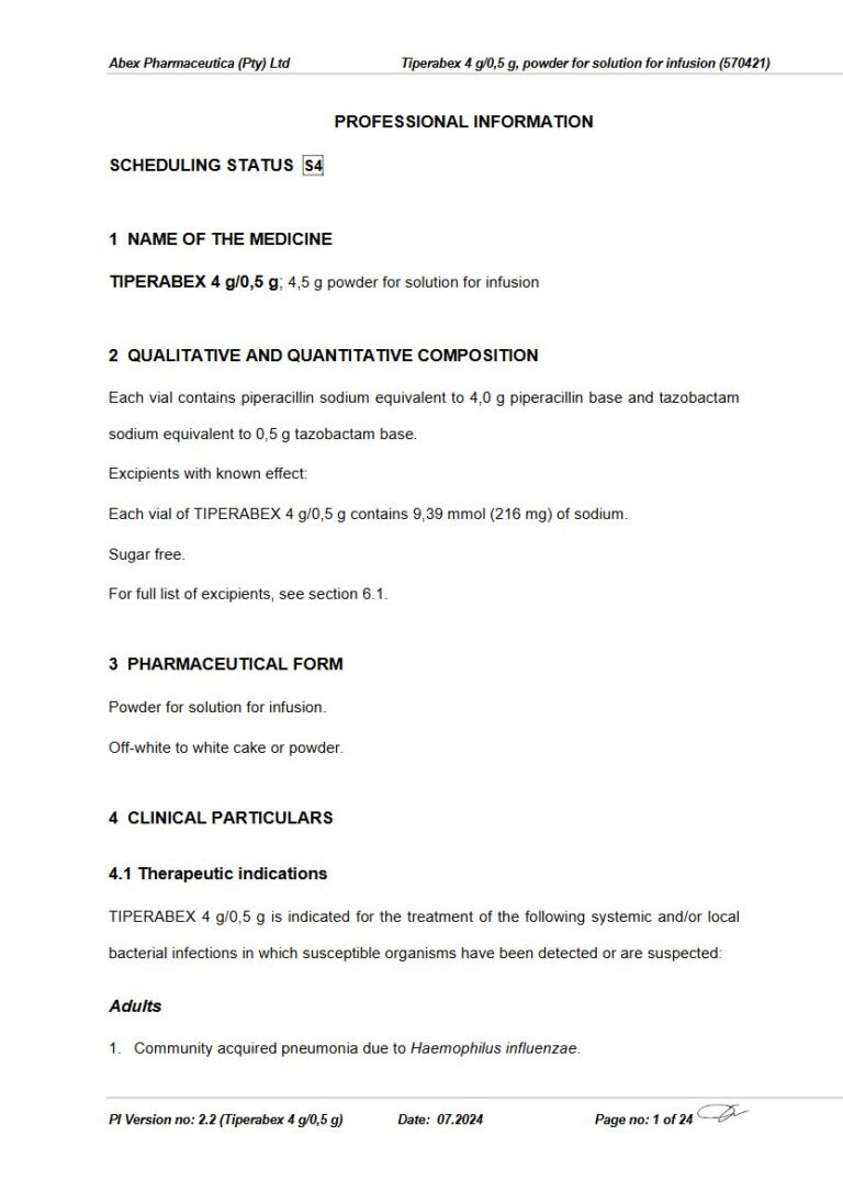 Tiperabex 4 g; 0,5 g Powder for solution for infusion package insert preview