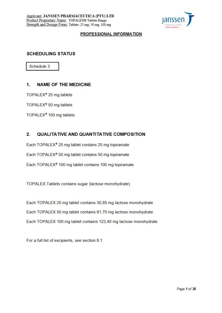 Topalex Tablets Range 25 mg; 50 mg; 100 mg Tablets package insert preview