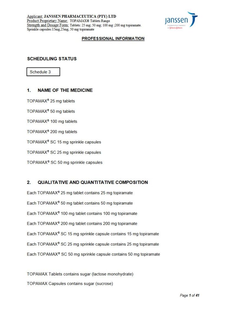Topamaxa Tablets Range 25 mg, 50 mg, 100 mg, 200 mg Tablet. package insert preview
