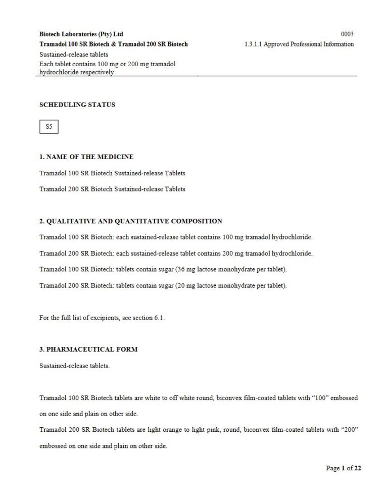 Tramadol 100 & 200 Sr Biotech 100 mg, 200 mg Tablet package insert preview