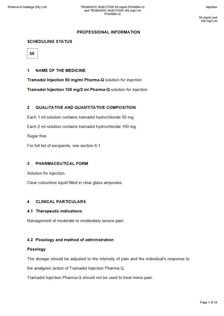 Tramadol Injection 50 mg/ml & 100 mg/2 ml Solution for injection. package insert preview