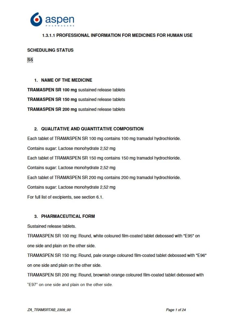 Tramaspen Sr 100 mg, 150 mg, 200 mg Sustained release tablets. package insert preview
