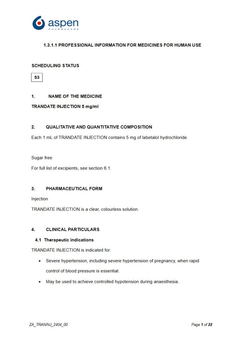 Trandate Injection 5 mg/ml Injection package insert preview