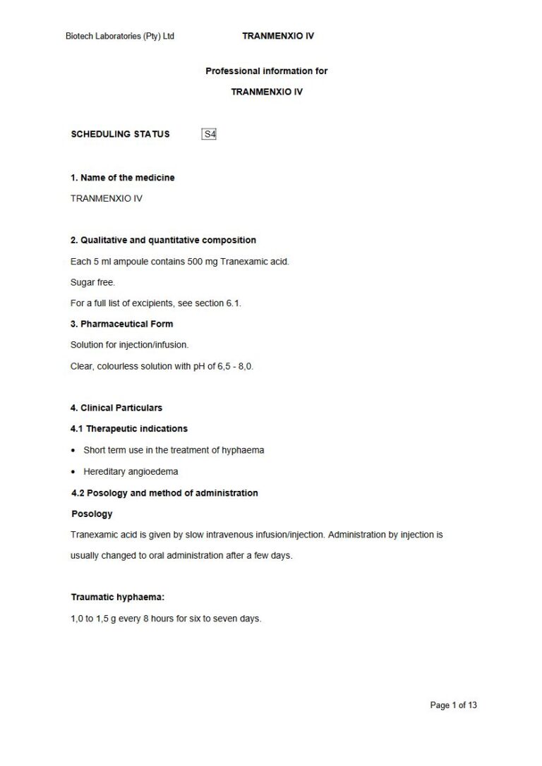 Tranmenxio Iv 500mg Solution for injection/infusion package insert preview