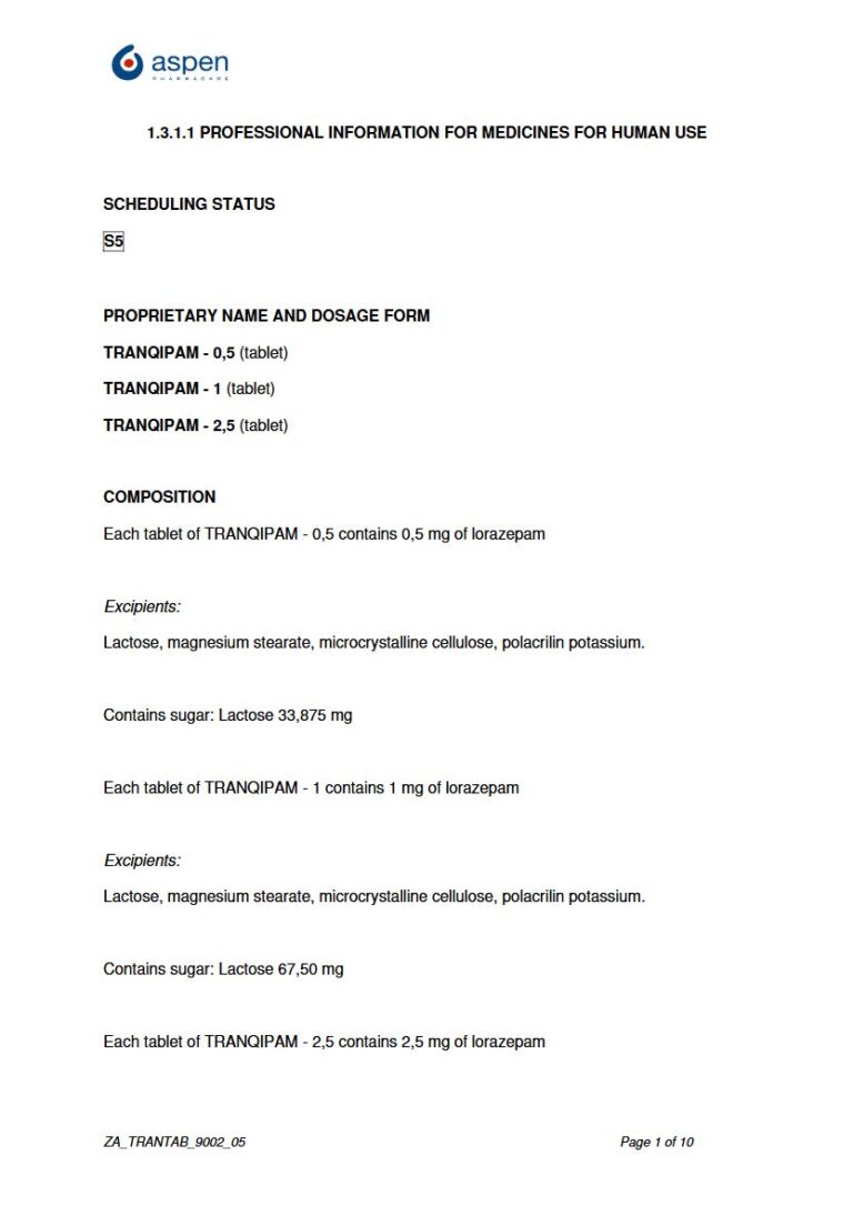 Tranqipam 0,5 mg/1 mg/2,5 mg Tablet package insert preview