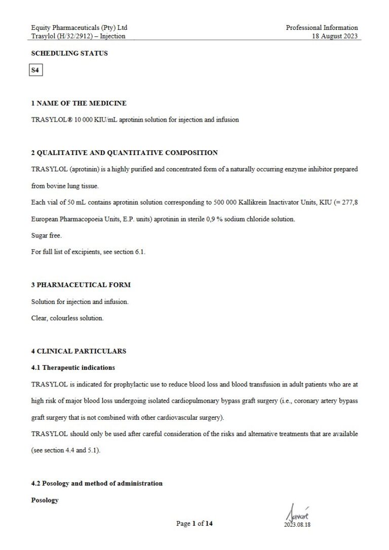 Trasylol 10 000 KIU/mL Injection package insert preview