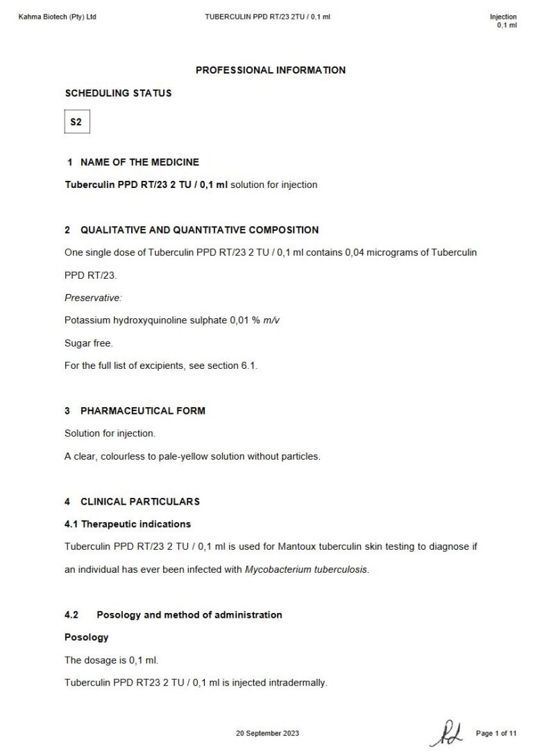 Tuberculin Ppd Rt/23 2 Tu 0,1 ml Solution for injection. package insert preview