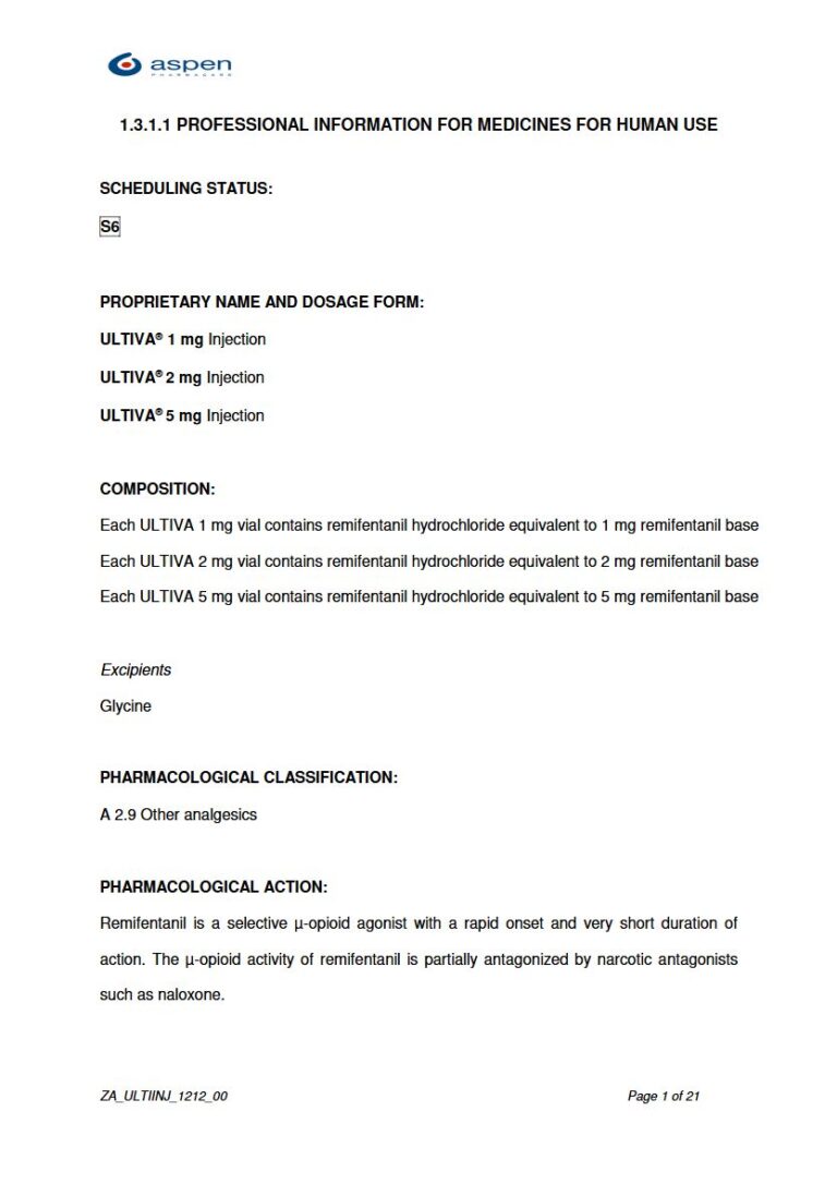Ultiva 1mg. 2mg. 5mg Injection package insert preview