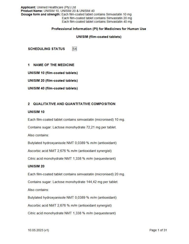 Unisim 10 mg, 20 mg, 40 mg FC tablets. package insert preview