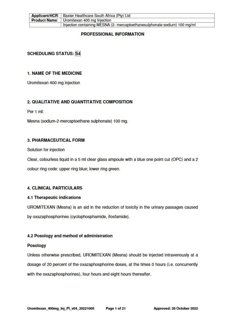 Uromitexan 400 Mg Injection package insert preview