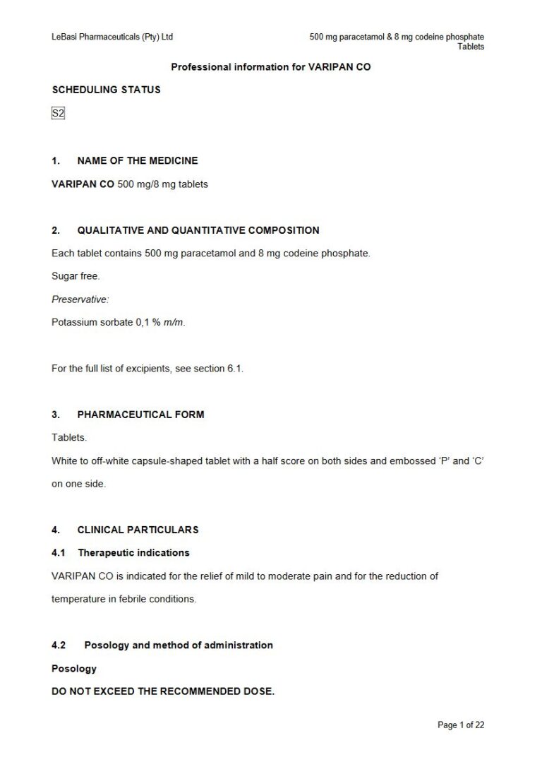 Varipan Co 500 mg/8 mg Tablet package insert preview