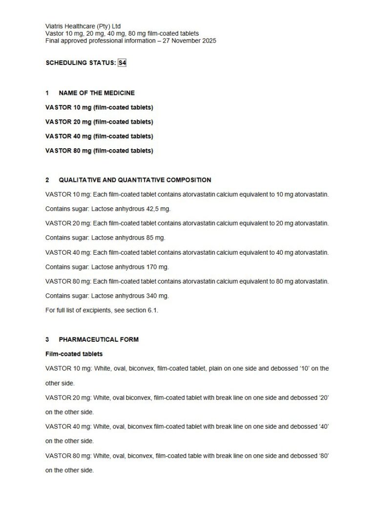 Vastor 10mg, 20mg, 40mg, 80mg Film-coated tablets package insert preview