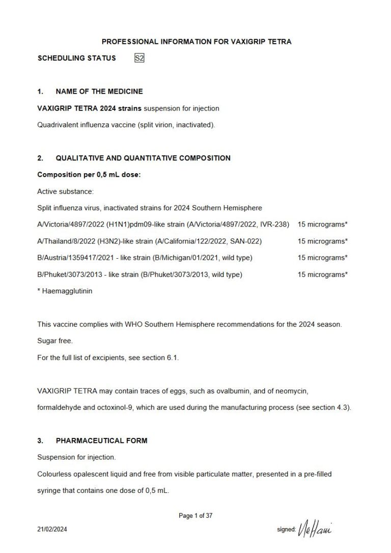 Vaxigrip Tetra 2024 Strains 0,5 mL Suspension for injection. package insert preview