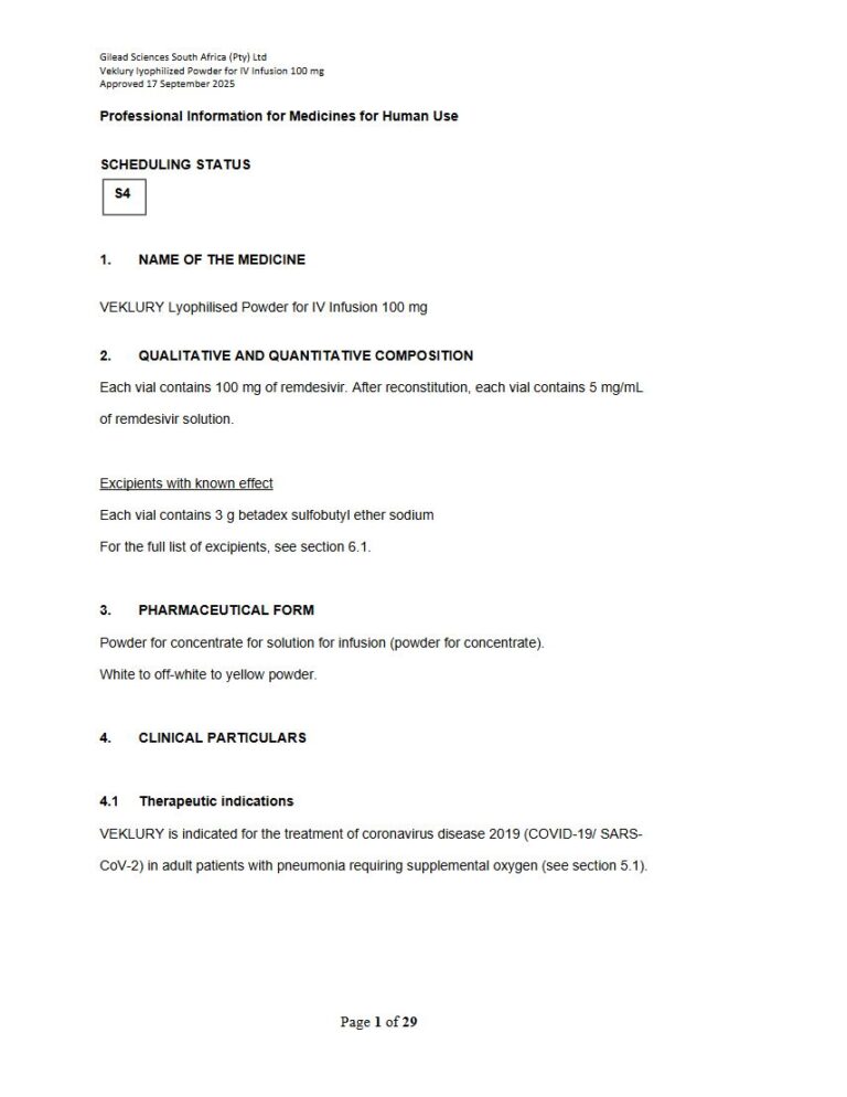 Veklury Lyophilised 100 Mg/20 ml/5 mg Injection package insert preview