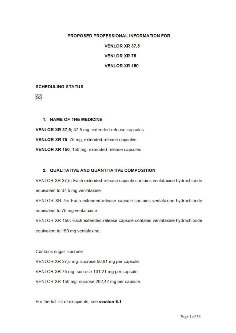 Venlor XR capsules. package insert preview