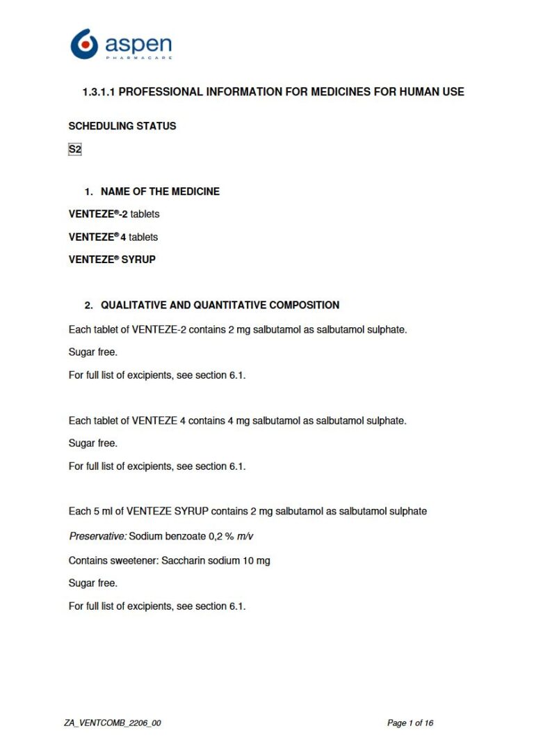 Venteze 2 mg & 4 mg (Tablet & Syrub) package insert preview