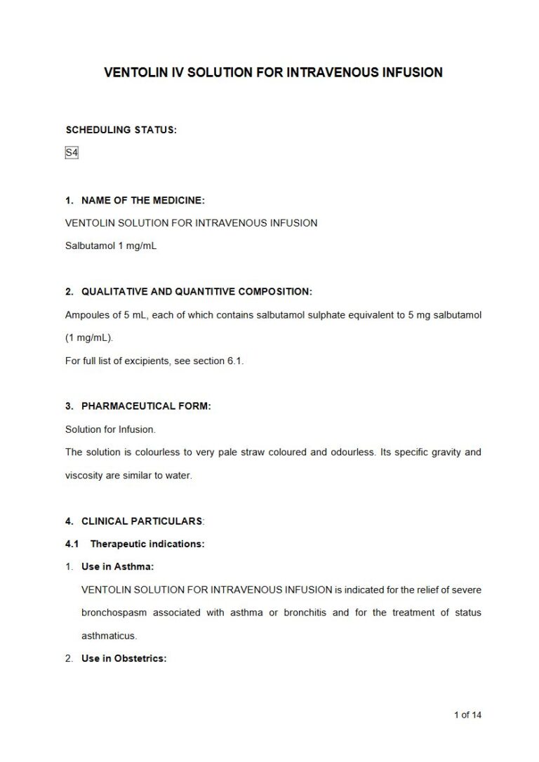 Ventolin 1 mg/ml Solution for Infusion. package insert preview