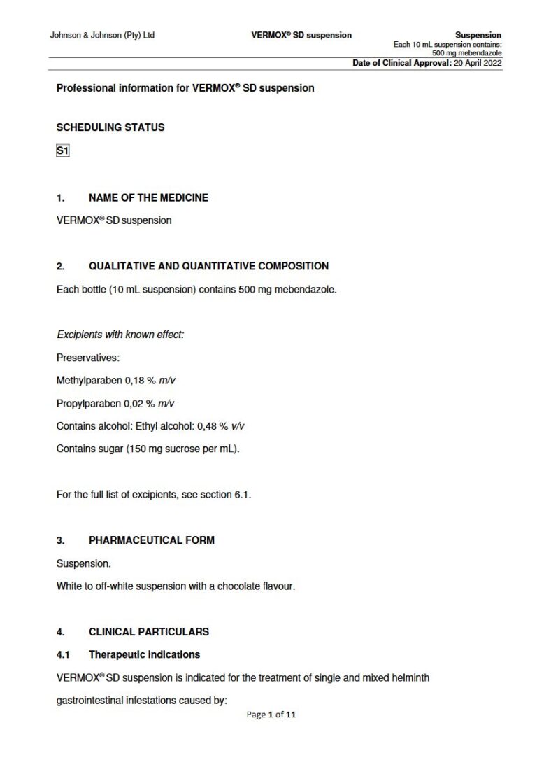Vermox Sd 500mg/10ml Suspension package insert preview