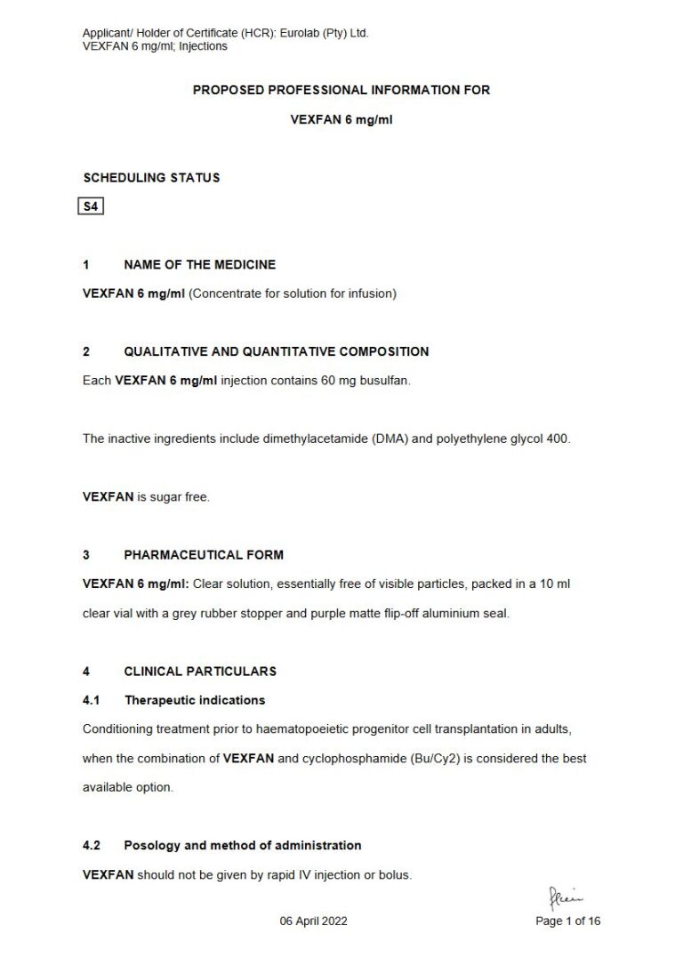 Vexfan 6mg Solution for infusion package insert preview