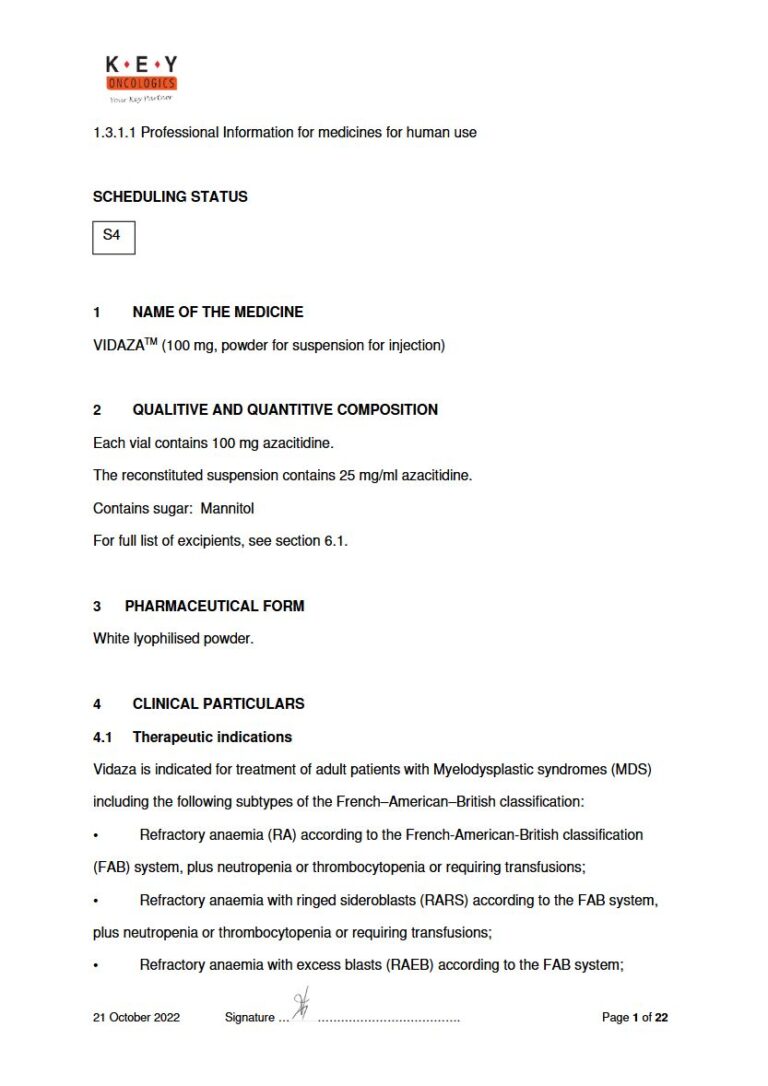 Vidaza 100 mg Powder for suspension for injection package insert preview