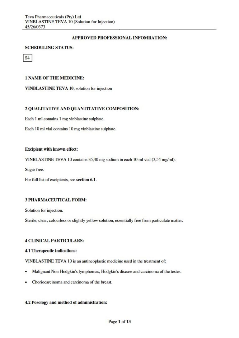 Vinblastine Teva Solution for Injection package insert preview