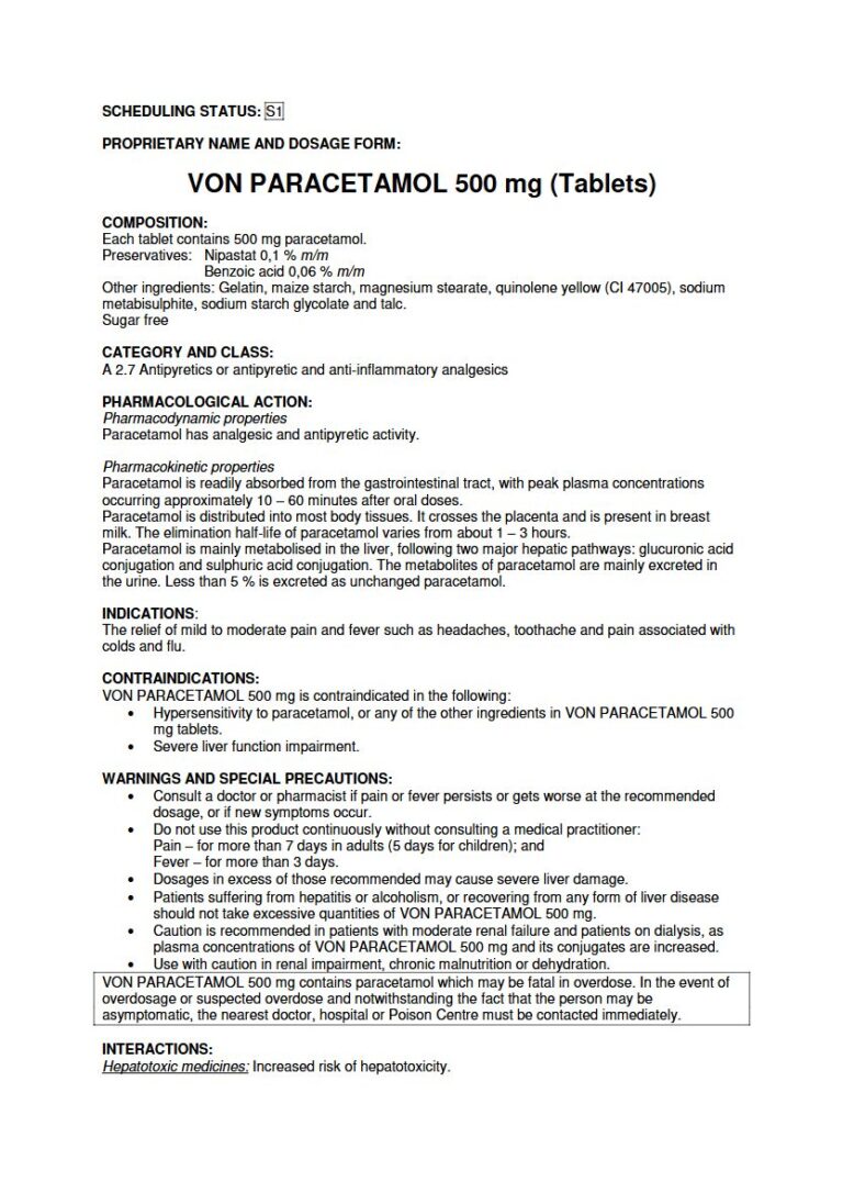 Von Paracetamol 500mg Tablets package insert preview