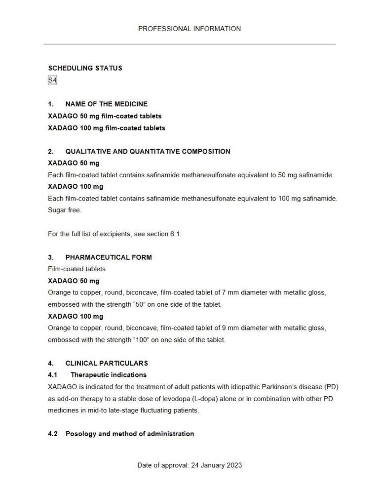 Xadago 50 mg & 100 mg Tablets package insert preview