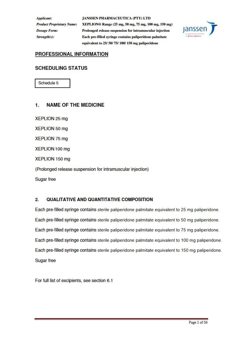 Xeplion Prolonged release suspension for intramuscular injection package insert preview