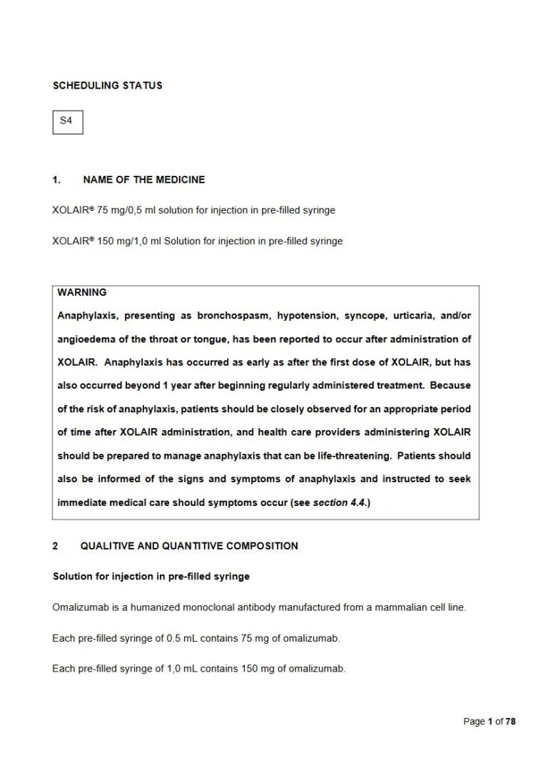 Xolair 75 mg/0,5 ml/150 mg/1,0 ml Solution package insert preview