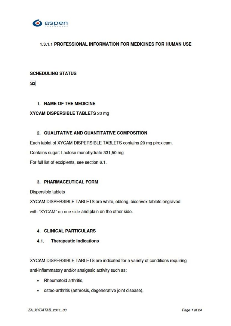 Xycam Dispersible 20 mg TABLETS package insert preview