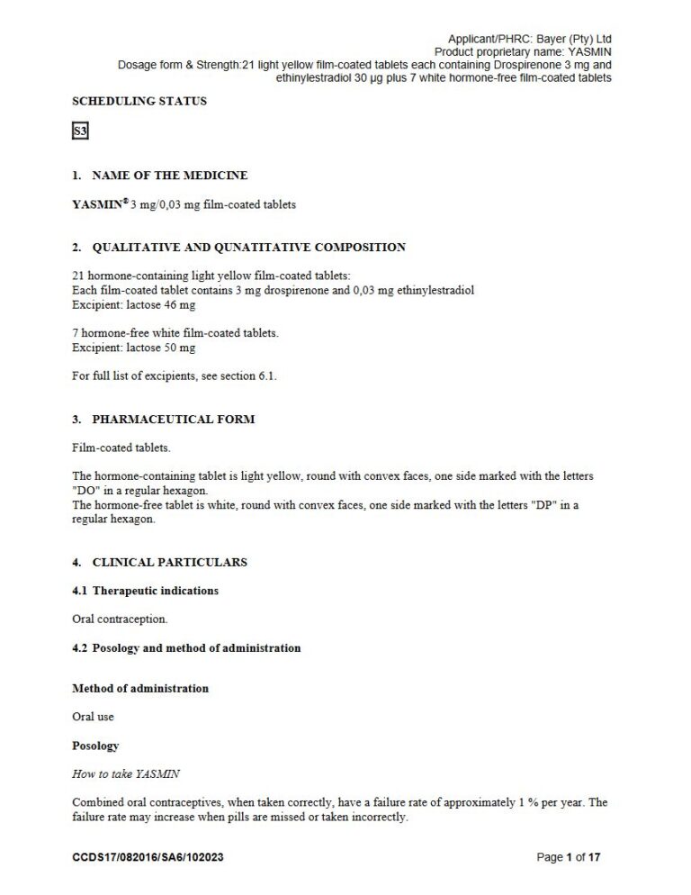 Yasmin 3mg Tablets package insert preview