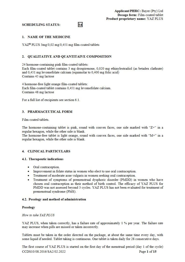 Yaz Plus FC tablets package insert preview