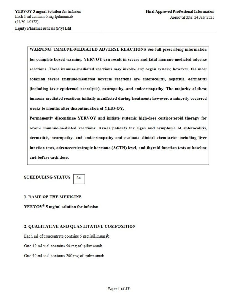 Yervoy 5mg/ml Solution for Infusion package insert preview