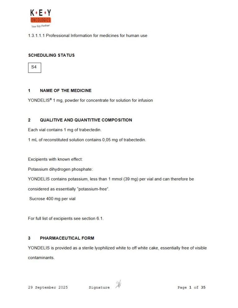 Yondelis 1 mg, Powder for concentrate for solution for infusion package insert preview