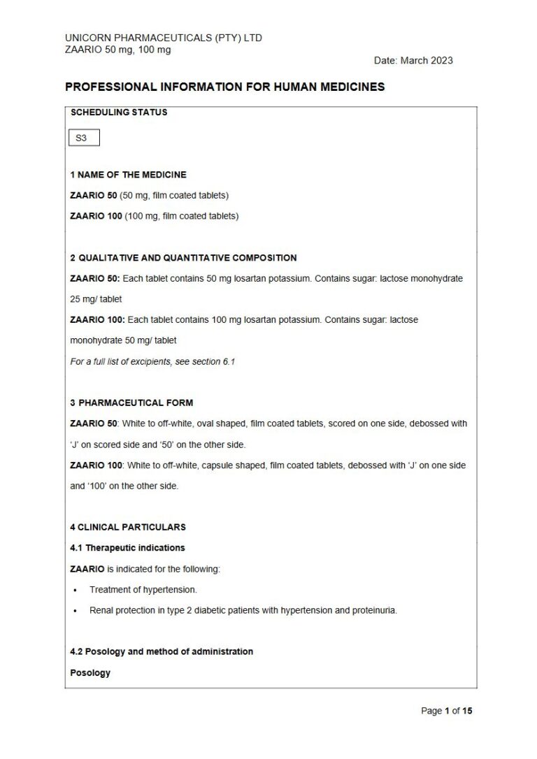 Zaario 50 mg & 100 mg FC tablets package insert preview