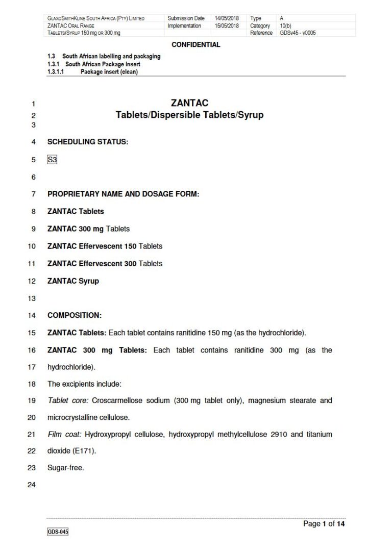 Zantac 150mg & 300mg Tablet package insert preview