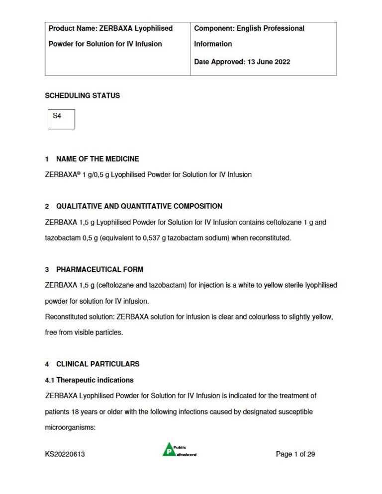 Zerbaxa 1 g/0,5 g Lyophilised Powder for Solution for IV Infusion package insert preview