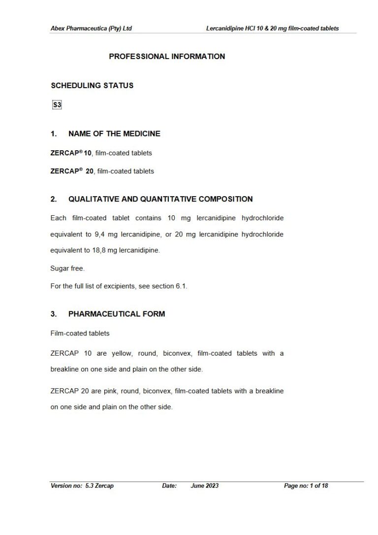 Zercap 10 & 20 mg FC tablets package insert preview