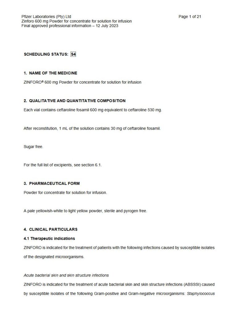 Zinforo 600 mg Powder for concentrate for solution for infusion package insert preview