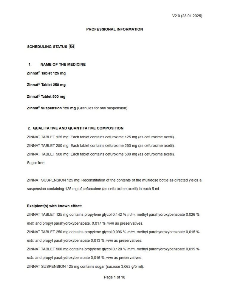 Zinnat 125 mg, 250 mg, 500 mg (Tablet & Suspension) package insert preview