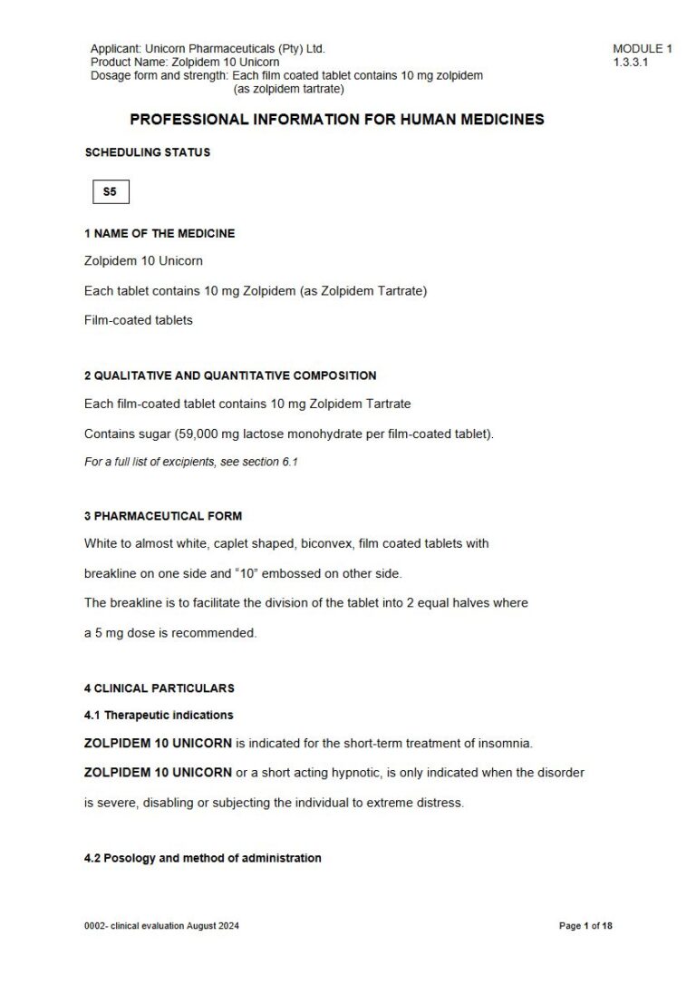 Zolpidem 10 Unicorn FC Tablets package insert preview