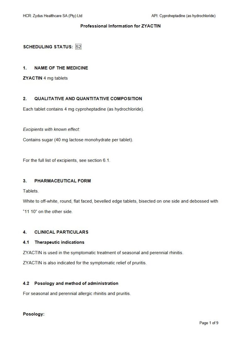 Zyactin 4 mg Tablets. package insert preview